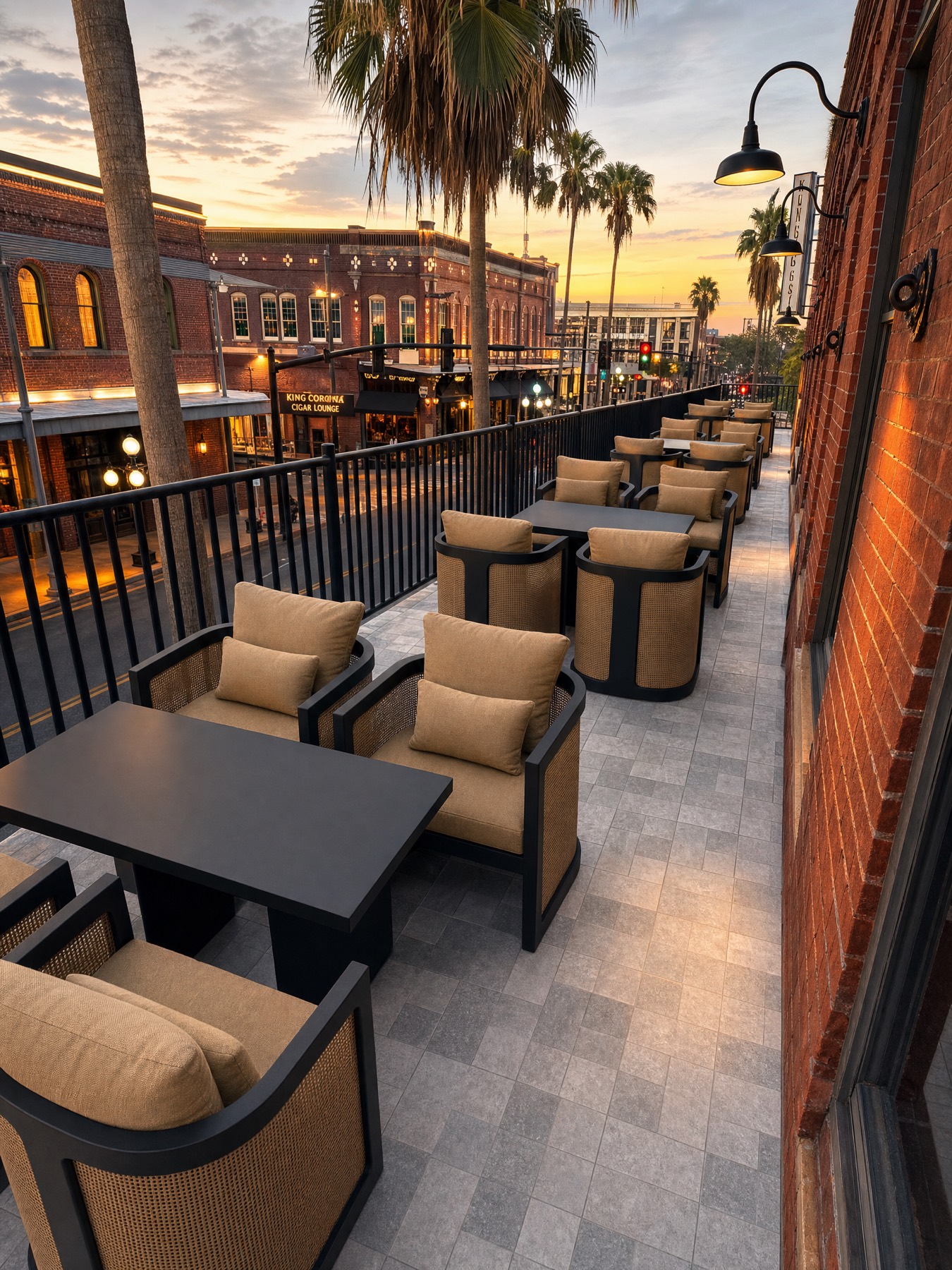 The 1,000 sq ft members' balcony overlooking 7th Ave at sunset