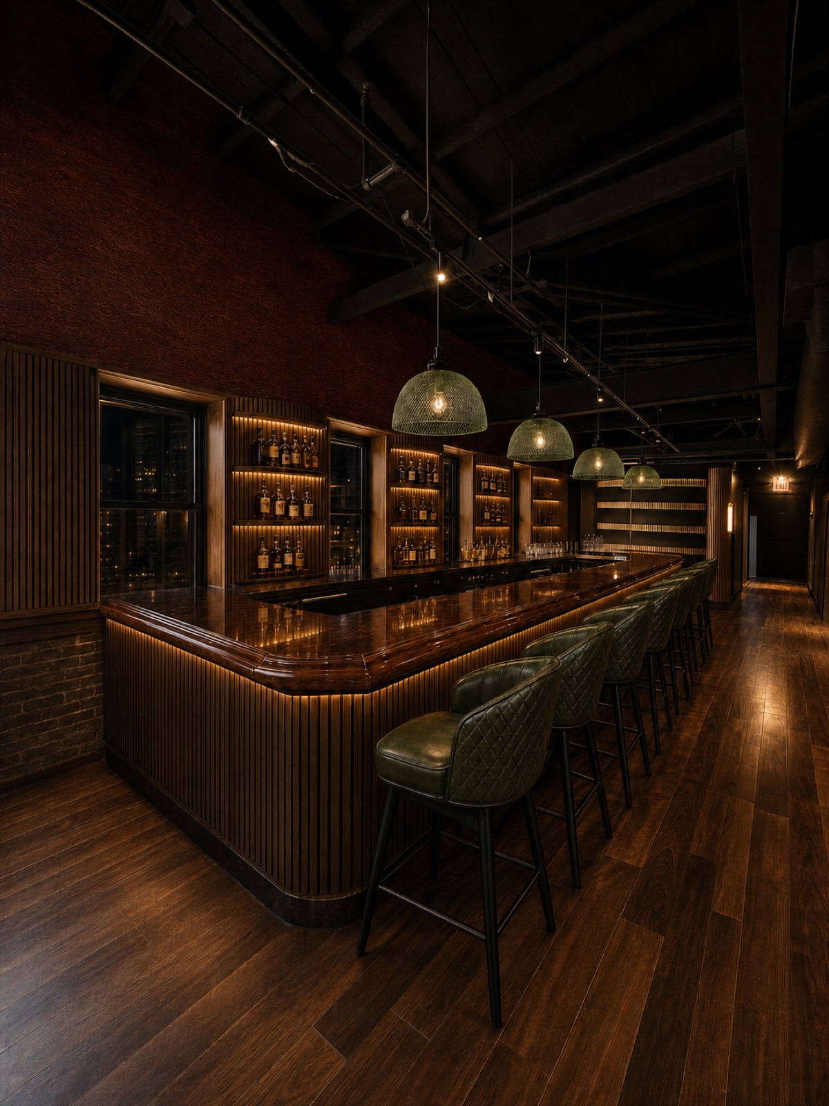 The bar with backlit whiskey shelves