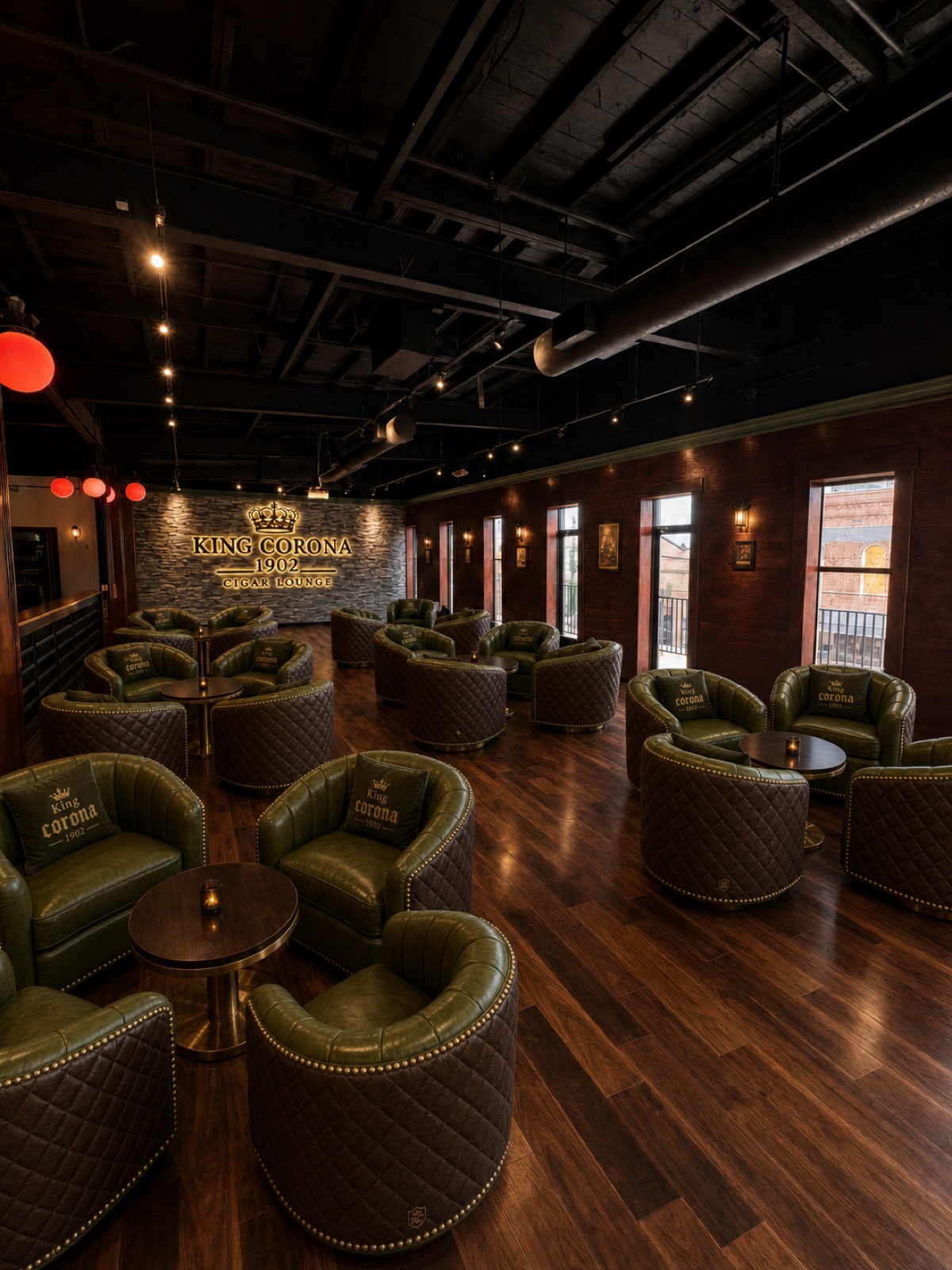 The members-only lounge with green leather chairs